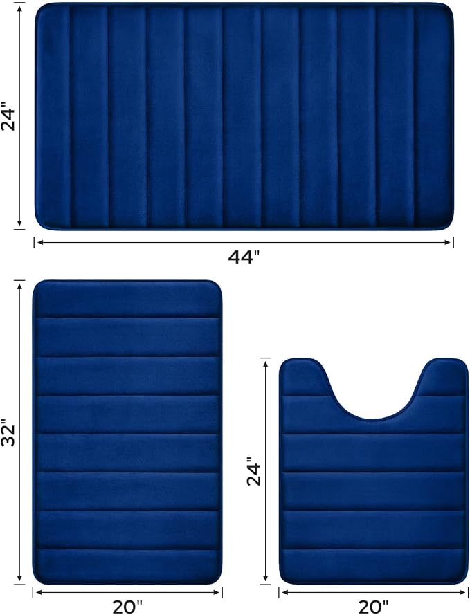BYSURE Navy Blue Memory Foam Bath Mats, Non Slip Extra Soft Absorbent Machine WashableToilet Bathroom Rug Set 3 Piece (20"x32"+24"x44"+U Shape 20"x24")