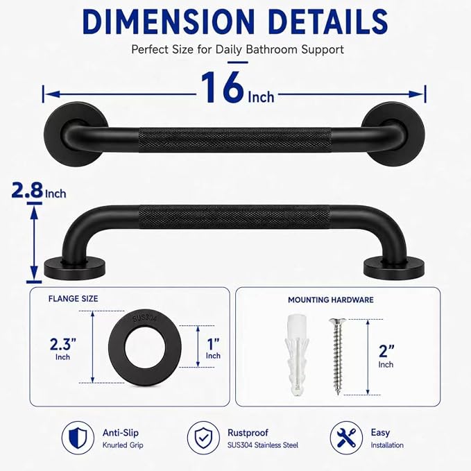 16 Inch Grab Bars for Shower, Black Anti Slip Grab Bar for Bathtubs Showers Toilet, Stainless Steel Safety Shower Grab Bar,Wall Mounted Shower Handle Handicap Bars for Senior Elderly