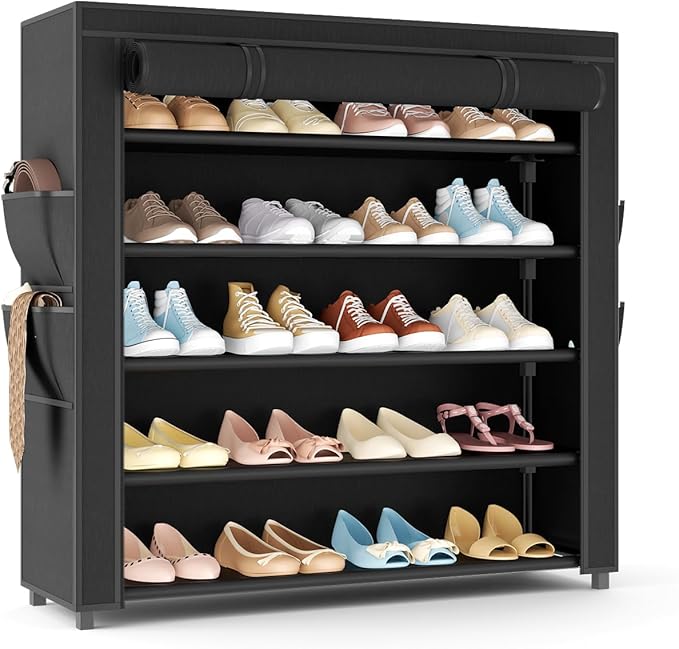 LANTEFUL Shoe Rack with Covers 5 Tier Tall Shoe Rack Organizer Large Capacity Shoe Shelf Storage 20-24 Pairs Space Saving Free Standing Shoe Storage Organizer for Closet, Entryway, Dorm, Black