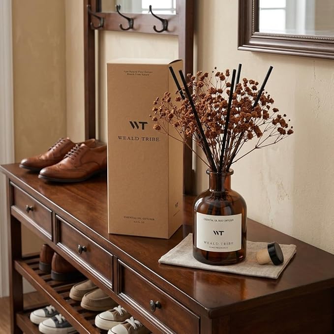 WEALD TRIBE Reed Diffuser Set for Bathroom Air Fresheners, Oil Diffuser Sticks | Vanilla Whiskey Scent 4.0 fl oz Home Fragrance with Sticks Defusers | House Bedroom Office Shelf Decor