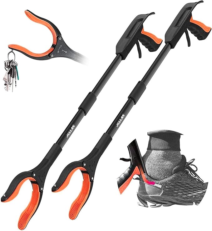 Jellas 2-Pack 32 Inch Grabber Reacher Tool with Magnetic Tip, Reacher Grabber with 360 Degrees Rotating Jaw, Grabber with Shoehorn for Elderly, Trash Picker Tool for Outdoor & Indoor (Orange)