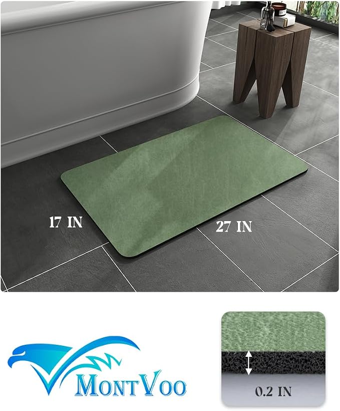 MontVoo -Bath Mat Rug-Rubber Backing Non Slip Quick Dry Absorbent Thin Bathroom Rugs Fit Under Door-Faux Suede Surface Bathroom Floor Mats-Shower Rug for in Front of Bathtub Shower Sage Green 17x27.5