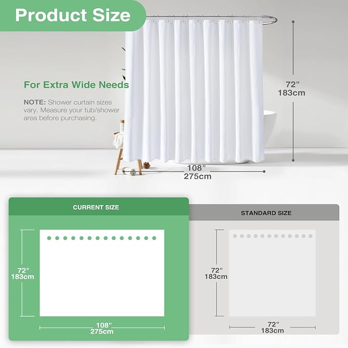 Dynamene Extra Wide Shower Curtain-108 Inch Wide Waffle Weave Weighted Thick Cloth Bathroom Shower Curtain, Neutral Heavy Duty Hotel Bath Curtain Set with 18 Plastic Hooks,108x72, White