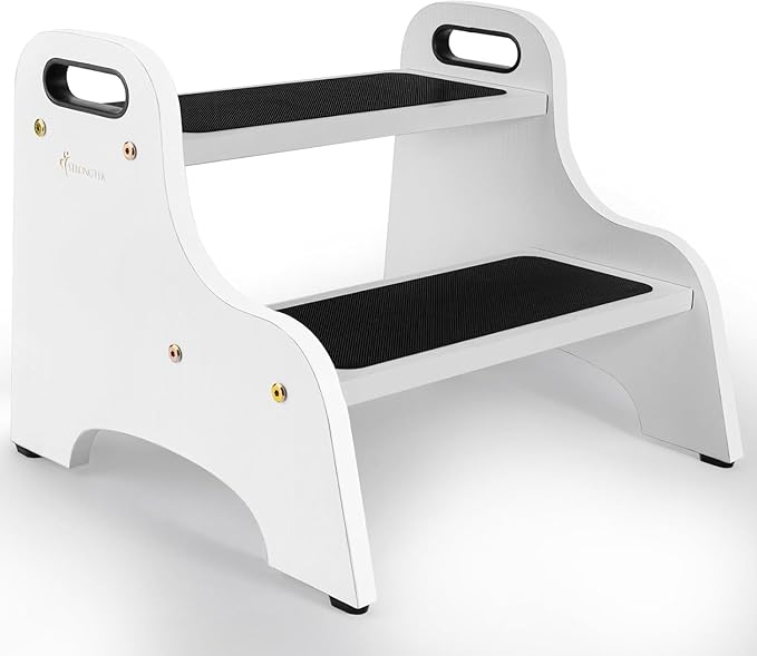 StrongTek Wood 2 Step Stool for Kids with Non-Slip Stepping Surface, Portable Handles, Skid Resistant Foot Pads, and 350 lbs. Capacity, Multipurpose Heavy-Duty Support (White)