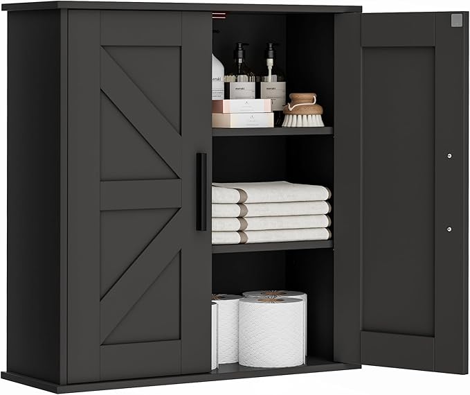 Homleke Bathroom Wall Cabinet, Over Toilet Storage Cabinet with Barn Doors and Adjustable Shelves, 3-Tier Medicine Cabinet Wall Mounted, for Bathroom, Kitchen, Entryway, Laundry Room, Black, (7.9" D)