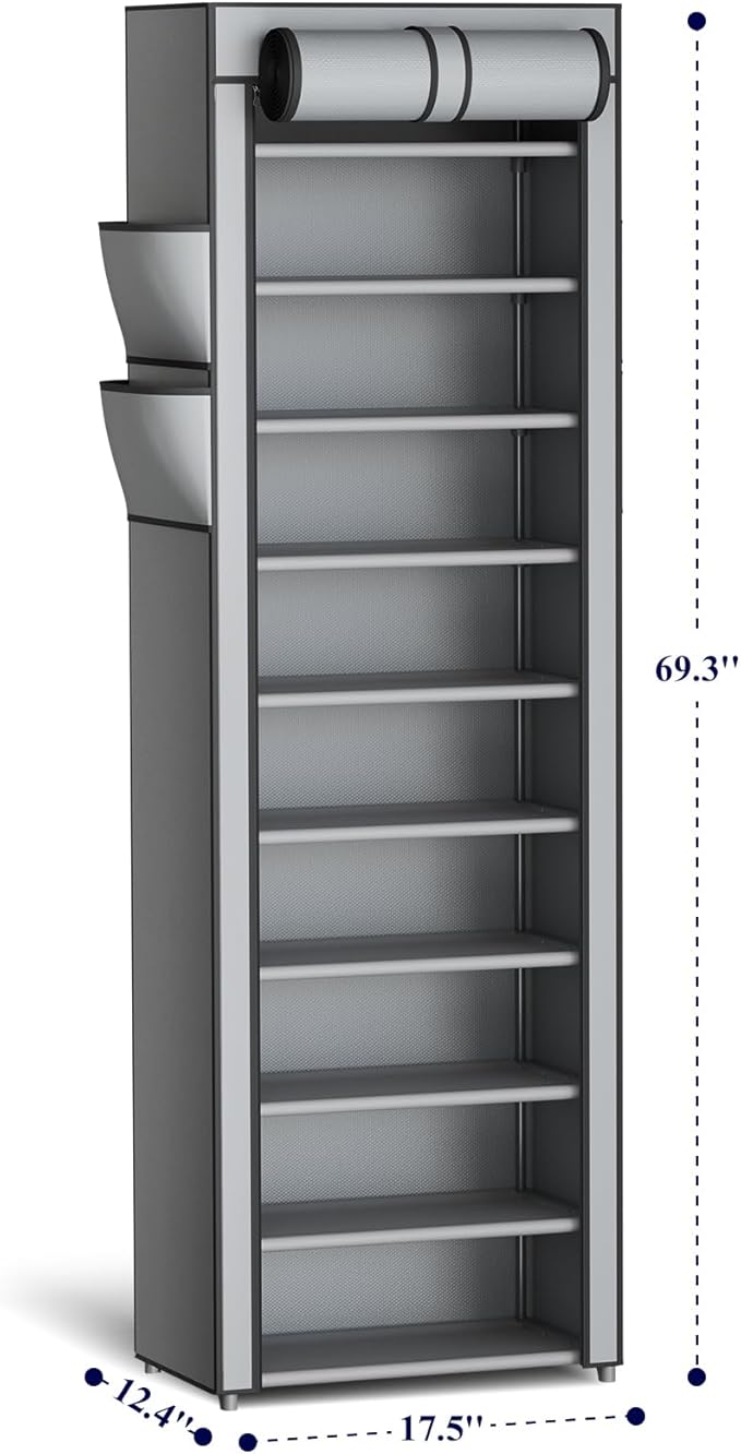 Kitsure Shoe Rack - 10-Tier Large Capacity Shoe Organizer Shelf with Dust Cover & Side Pockets, Rust-Proof Metal Shoe Rack for Closet, Entrance, Living Room, 17.5" x 12.4" x 69.3", Grey