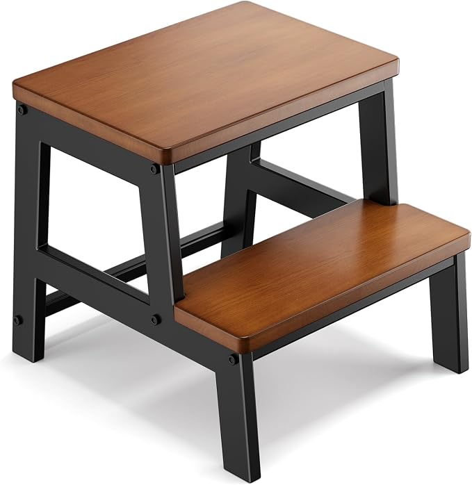 2 Step Wooden Step Stools for Adults Non-Slip, Sturdy Bed Steps for High Beds Easy Assembly, Portable Two Step Stool Holds Up to 500 Lb