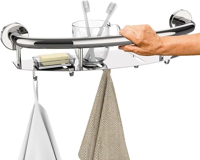 Munzong 18 Inch Shower Grab Bar with Storage Shelf, Chrome Stainless Steel 2 in 1 Bathroom Grab Bar and Hand Rail Support for Elderly and Handicap
