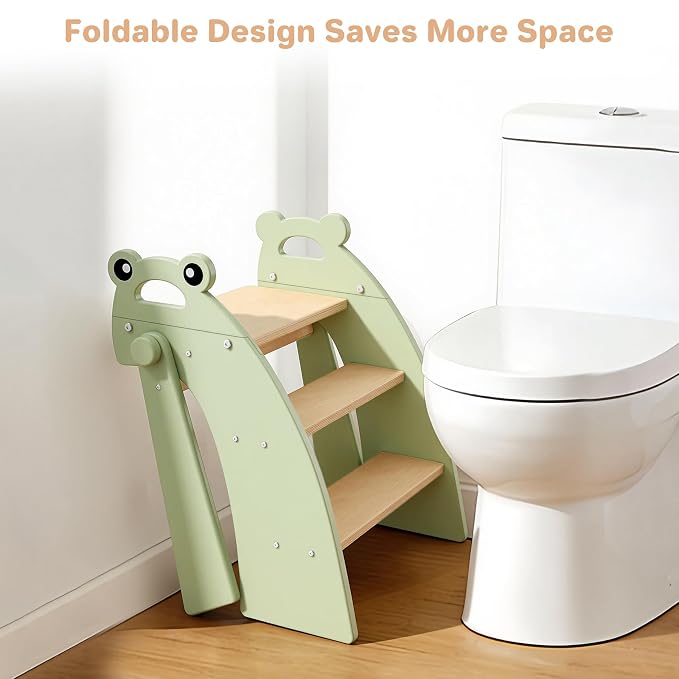 Wooden Step Stool for Toddlers, 3 Foldable Step Stool for Kids Bathroom Sink & Potty Training, Bamboo Toddler Stool with Green Frog Handles and Non-Slip Pads for Bedroom, Kitchen Helper