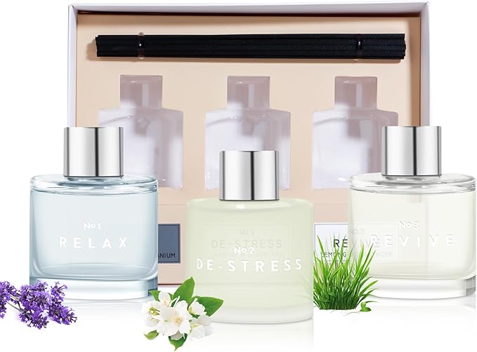 3 Pack Fragrance Diffuser, 50ML Lavender Geranium Jasmine White Tea Lemongrass Ginger Aromatherapy Diffuser Set with 12 Black Fiber Sticks,Air Freshener for Bedroom Bathroom Office
