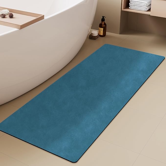 TYUU Bathroom Mat Quick Dry, Bathroom Rugs Non Slip Washable Thin Absorbent Bath Mat Fits Under Door Bathroom Floor Mat Perfect for Bath, Shower, or Sink 24"x60" Denim Blue