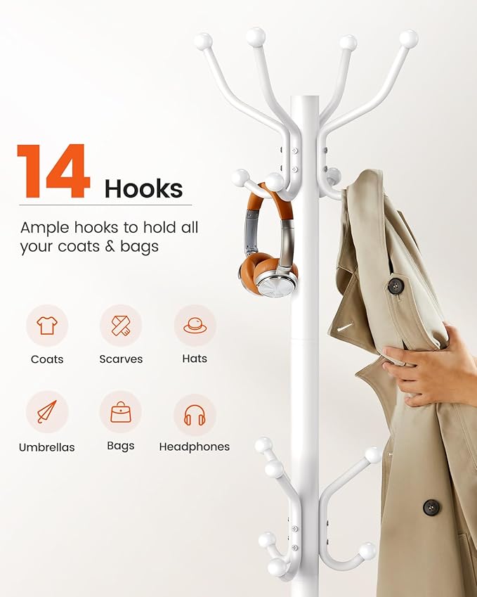 Pipishell Coat Rack with 14 Hooks, Freestanding Coat Rack Stand for Entryway, Hallway, Bedroom, and Office, Metal Coat Tree & Hat Rack for Coats, Hats, and Bags, White