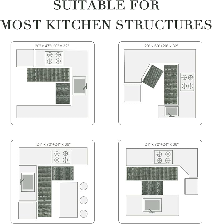 Kitchen Rugs Sets of 2-Non Slip Kitchen Mats for Floor-Thick Stain Resistant Vintage Kitchen Floor Mat Runner Carpet for Hallways Entryway Laundry Room Washable（Green 22"x59"+20"x32"）