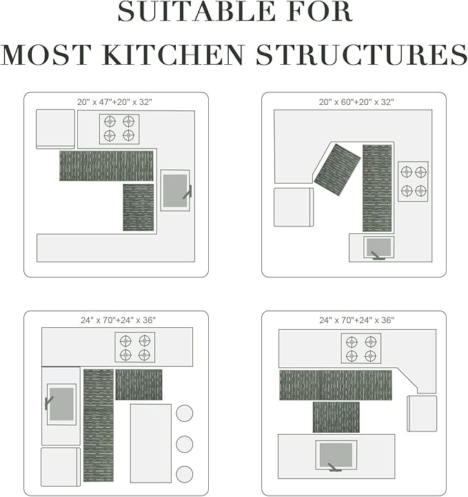 Kitchen Rugs Sets of 2-Non Slip Kitchen Mats for Floor-Thick Stain Resistant Vintage Kitchen Floor Mat Runner Carpet for Hallways Entryway Laundry Room Washable（Green 24"x79"+24"x35"）