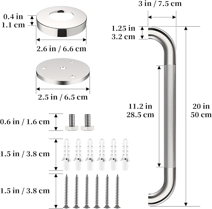 Shower Grab Bar 20 Inch, iHansee Chrome Bathroom Grab Bar w/Anti-Slip Knurled Grip - 1.25" Diameter, Stainless Steel Bath Safety Bars for Senior Elderly, Wall Mounted Toilet Bathtub Balance Handrail