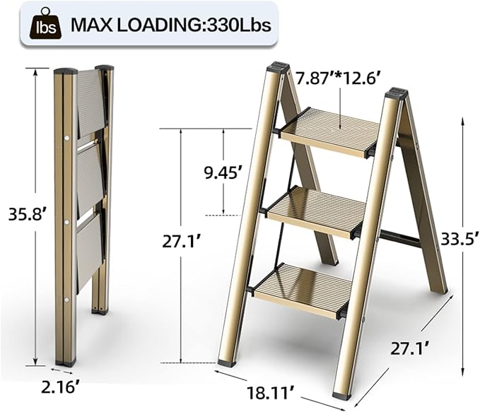 3 Step Ladder, Aluminum Folding Step Stool with Anti-Slip Sturdy and Wide Pedal, Lightweight Portable Stepladder for Home and Kitchen Use Space Saving, Gold, 330 lbs