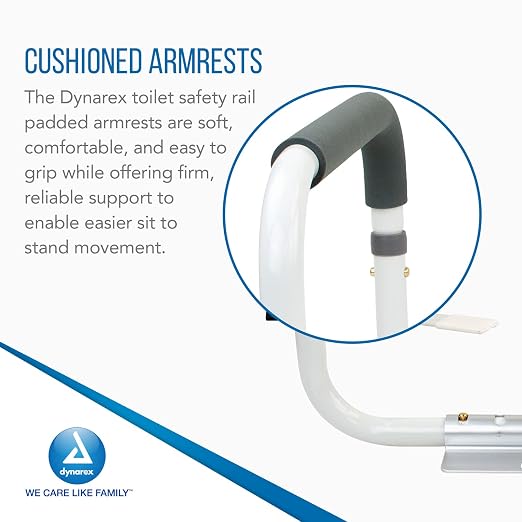 Dynarex Toilet Safety Rail, Attaches to Your Toilet to Provide Safe Support for Sitting and Standing with Padded Arms, Adjustable Width & Weight Capacity of 300 pounds, White, 1 Toilet Safety Rail