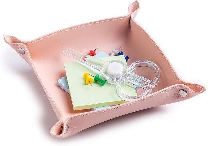 Leather Jewelry Valet Tray for Women and Man, Entryway Table Bedside Nightstand Desk Portable Small Catchall Travel Dish Plate for Key,Wallet,Watch,Phone,Coin(Pink-B)