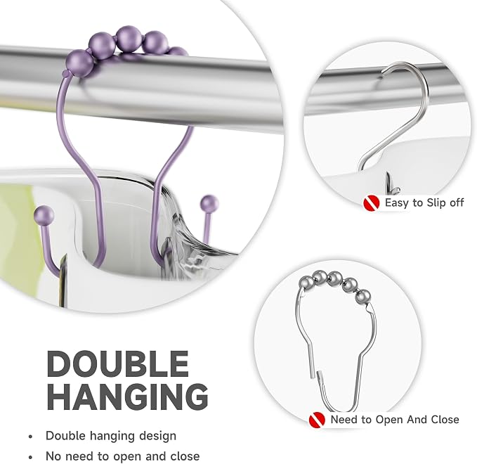 Bathway Shower Curtain Hooks, Shower Curtain Rings Rust Proof Double Hook Shower Curtain Hooks, 12 Pcs Purple Shower Hooks for Shower Curtain, Shower Rings for Curtain, Metal Shower Rod Hooks