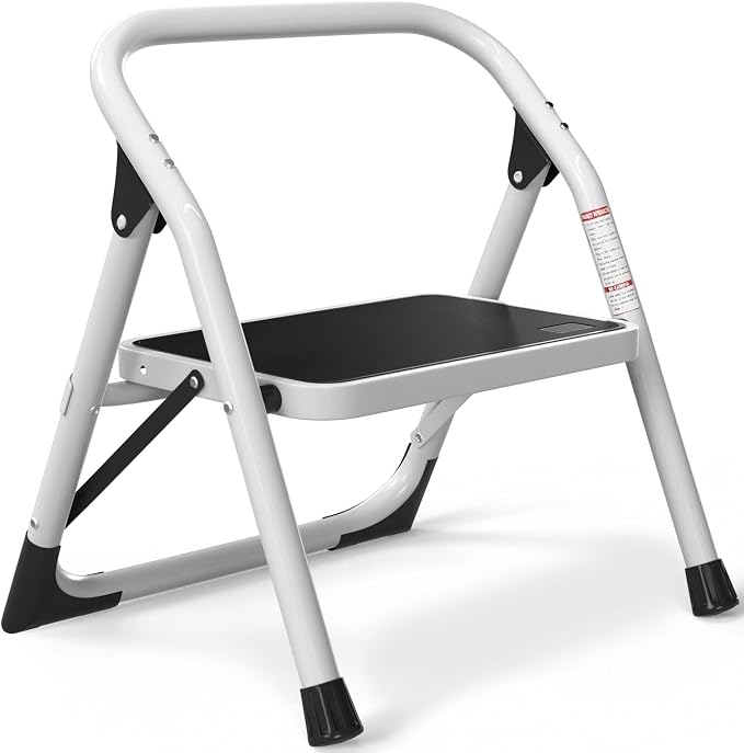SOLADDER 1-Step Ladder Folding Step Stool with Anti-Slip Sturdy and Wide Pedal Stepladder Multi-Use for Home and Kitchen Space Saving (White)