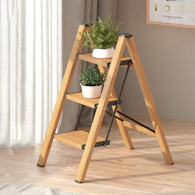 3 Step Ladder, Aluminum Folding Step Stool with Anti-Slip Sturdy and Wide Pedal, Lightweight Portable Stepladder for Home and Kitchen Use Space Saving, Woodgrain, 330 lbs