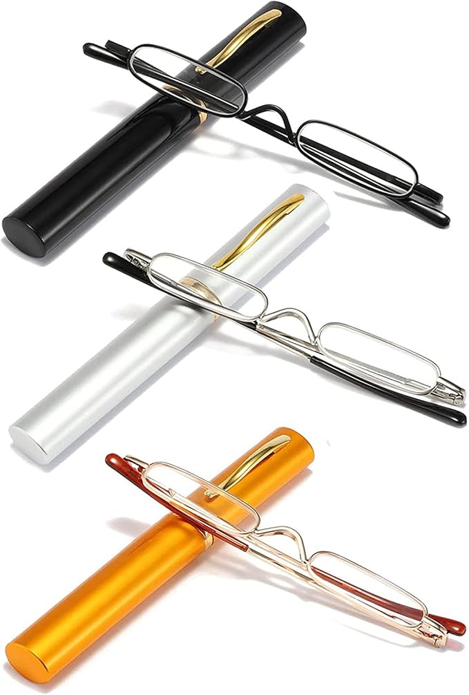 Viseng Slim Mini Metal Reading Glasses Compact Lightweight Portable Readers with Glasses Case for Reading Case,Gold+Silver+Black+2.0