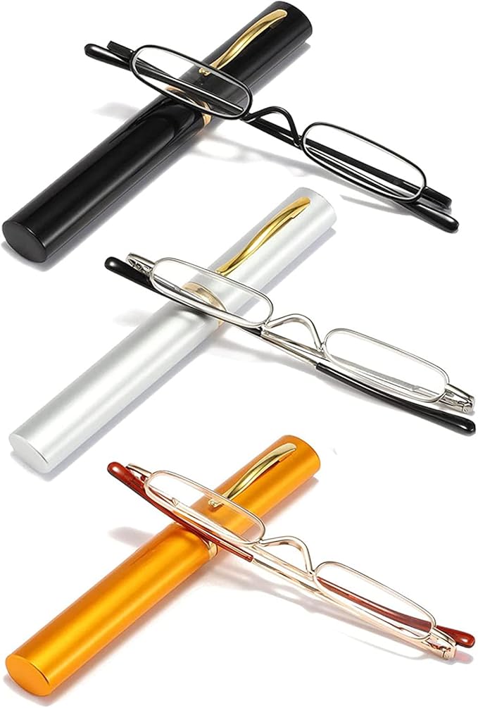 Viseng Slim Mini Metal Reading Glasses Compact Lightweight Portable Readers with Glasses Case for Reading Case,Gold+Silver+Black+2.75