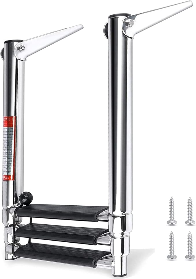 3 Step Boat Ladder, 304 Stainless Steel Telescoping Folding Pontoon Boat Ladder Dock Swim Ladder for Marine Boat Yacht