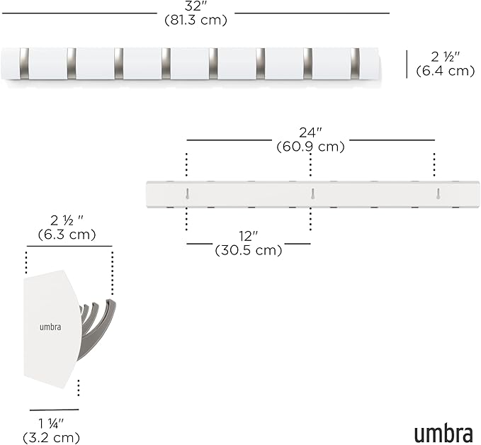 Umbra Flip Wall-Mounted Coat Rack with 8 Hooks – Modern, Space-Saving Storage for Hats, Jackets, Bags, Entryway, Mudroom, Closet, Bathroom, Bedroom – White/Nickel