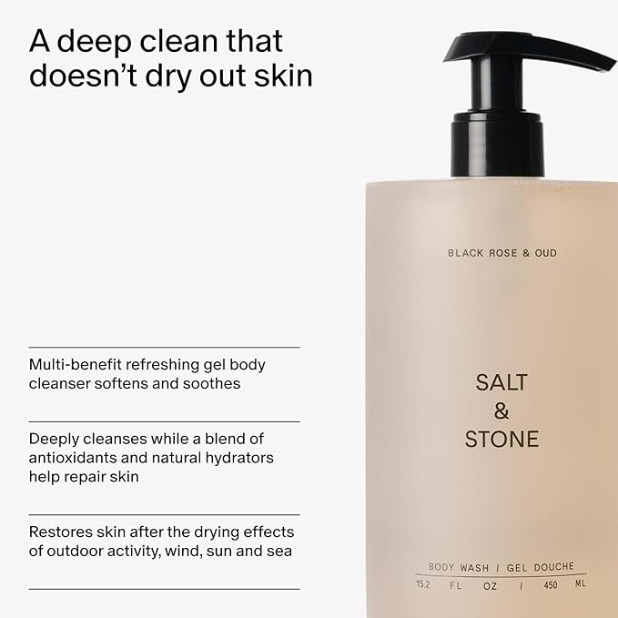 Salt & Stone Body Wash with Antioxidants for Deep Moisture | For Women & Men, Sulfate, Paraben, & Dye Free, Leaving Skin Soft and Hydrated | Black Rose & Oud Refill 32 fl oz