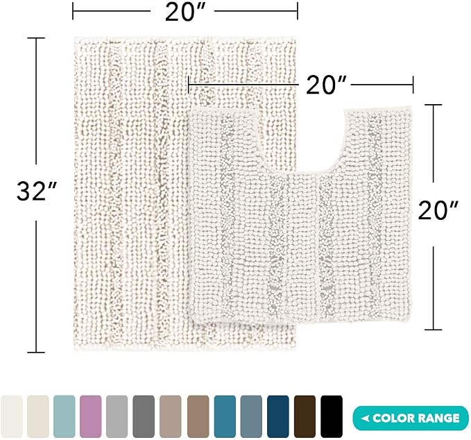Turquoize Chenille Bath Rugs Shaggy Bathroom Rugs Non Slip Bath Rugs for Bathroom 20 x 32 and 20 x 20U Ivory Bath Rug Extra Soft and Absorbent Area Rug, (20" x 32" and 20" x 20"U), Ivory