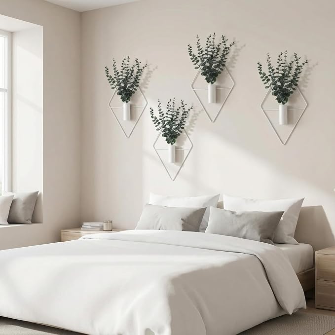 Jexine 8 Pcs Hanging Planters with Artificial Eucalyptus Metal Hanging Vase Indoor Plants Holder Modern Geometric Boho Bathroom Wall Decor for Living Room Home Office (Eucalyptus,White)