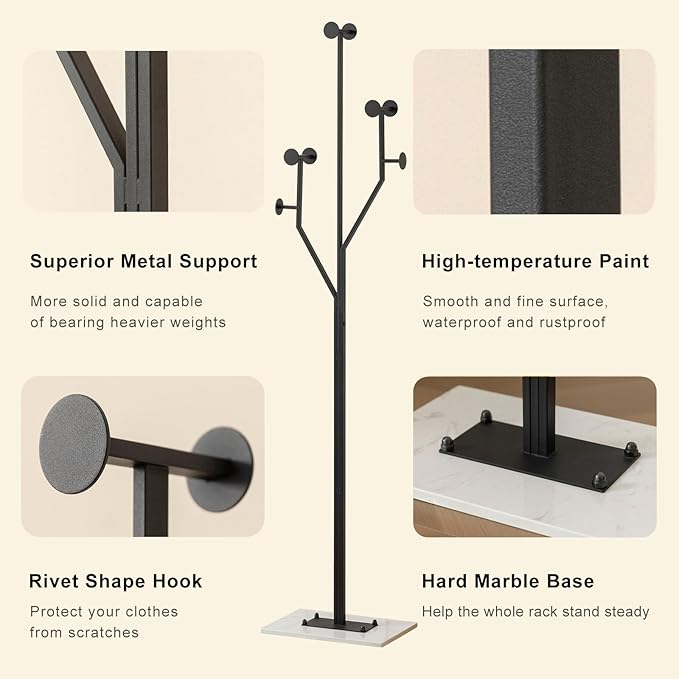 JIAYUEJU Heavy Duty Coat Rack Tree-shaped Metal Freestanding Coat Tree with Sturdy Marble Base Corner Coat Rack for Bedroom Entryway Hallway 14.96 x 10.24 x 68.9 Inches (Black)