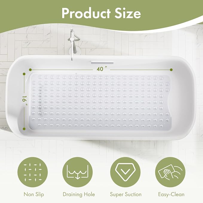 AmazerBath Shower Mat Non Slip 40 x 16 Inches, Shower Stall Mats with Suction Cups and Drain Holes, Non Slip Bath Mat for Tub for Elderly & Kids, Clear