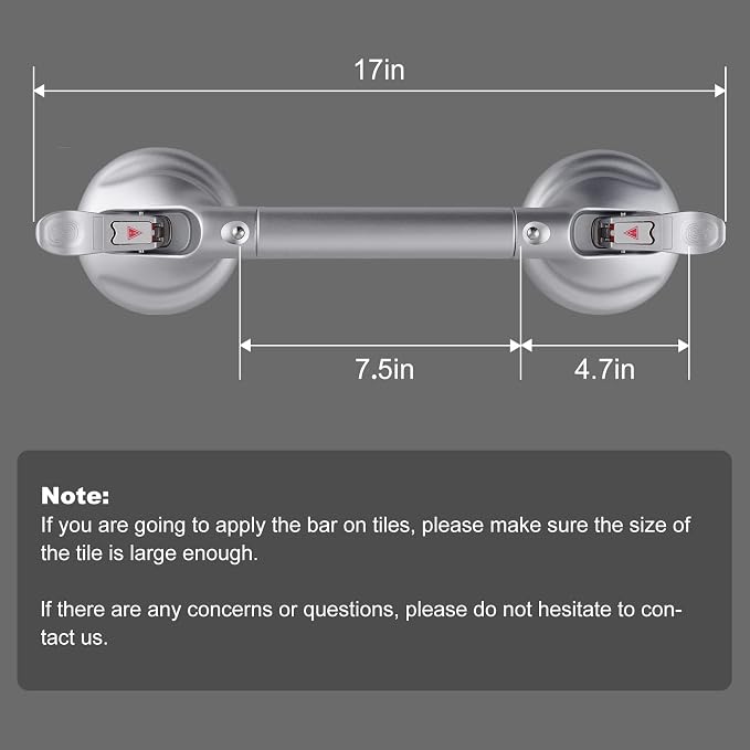 Heavy Duty Suction Shower Grab Bar - Toilet Bathroom Bathtub Safety - Shower Handles, Suction Cup Power Up to 250 LB, Perfect for Elderly Seniors(17 Inch, Gray Silver), Gray Silver