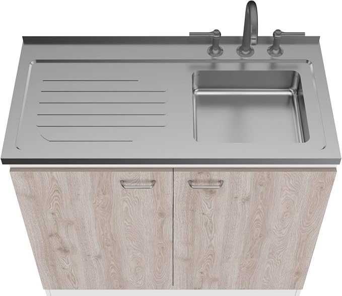 Tuhome Napoles Utility Sink Base Cabinet with Integrated Stainless Steel Countertop, Freestanding Cabinet with Double Doors, Interior Shelf for Laundry Room, Utility Room, Mudroom or Kitchen
