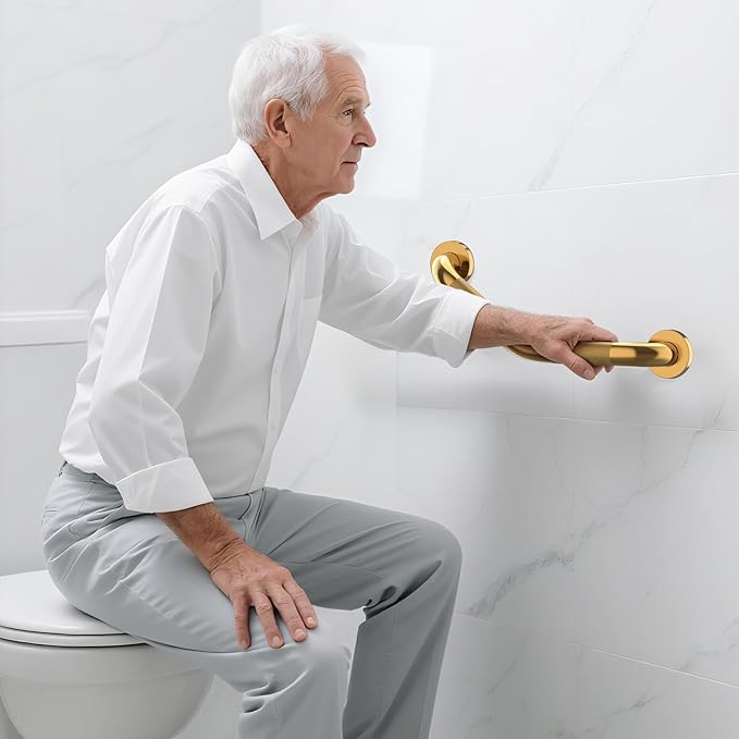 16 Inch Munzong Shower Grab Bars for Seniors, Gold Angled Anti Slip Grab Bars for Bathtubs and Showers Safety Hand Rail Support Handicap Elderly Injury Senior Assist Bath Handle