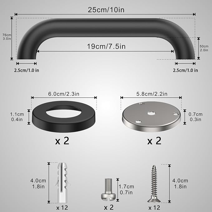 2-Pack 12-Inch Shower Grab Bars, Black | SUS304 Stainless Steel, 1.0-Inch Diameter, Safety Handles for Seniors, Elderly, Handicap