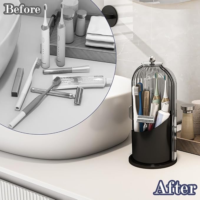 Toothbrush and Toothpaste Holders with Cover, Grey Black | Waterproof and Dustproof, 360° Rotating Base, Smooth Sliding Door, 3 Slots, for Bathroom Countertop