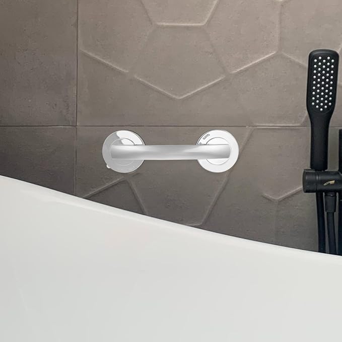 SHOWERORO 2pcs Silver Suction Cup Grab Bars for Bathroom Safety – Adhesive Stainless Steel Handles with Strong Hold, No Drilling Required, Removable Suction Handles for Shower and Glass