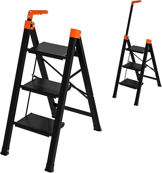 3 Step Ladder with Single Handrail,Retractable Handgrip 3 Folding Step Stool,Lightweight Aluminum Step Ladder 3 Step Folding,600lbs Max Load Capacity for Household,Kitchen,Office