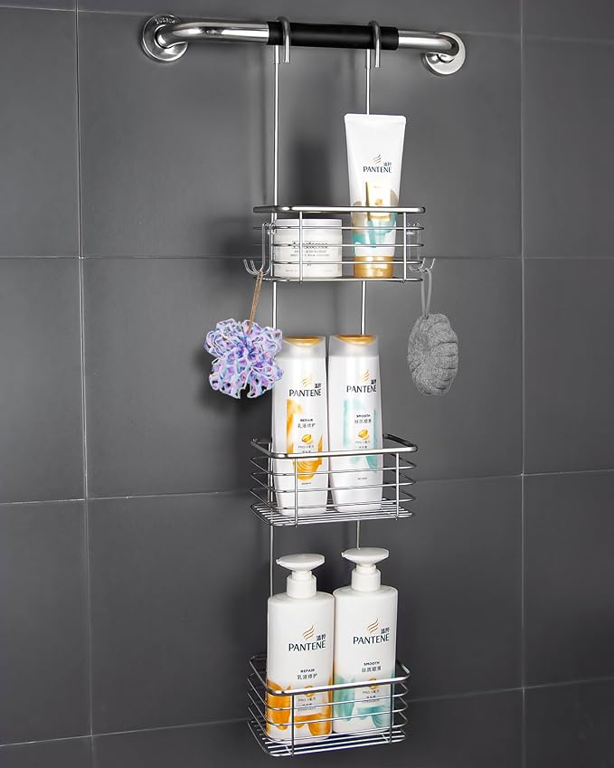 YQH 3-Tier Hanging Shower Rack - Door Organizer with 2 Hooks for Razor, Shower Balls and More (3 Tiers)