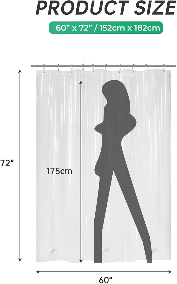 AmazerBath Plastic Shower Curtain, 60 x 72 Inches PEVA Heavy Duty Clear Shower Curtain, Waterproof Heavy Weight Thick Bathroom Curtain with 3 Big Clear Weighted Stones and 10 Rustproof Grommet Holes