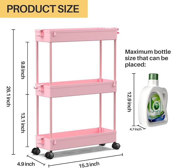SPACEKEEPER Slim Rolling Storage Cart, 3 Tier Bathroom Organizer Utility Cart Laundry Room Organization Mobile Shelving Unit for Kitchen, Bathroom, Office, Bedroom, Narrow Places, Pink