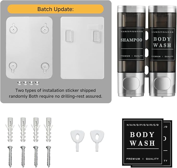 Shampoo and Conditioner Dispenser,Unisence Shower Dispenser 2 Chamber No Drill Wall-Mounted Shampoo Dispenser for Shower Wall Mounted Body Wash Dispenser for Bathroom Hotel Large Capacity,Silver