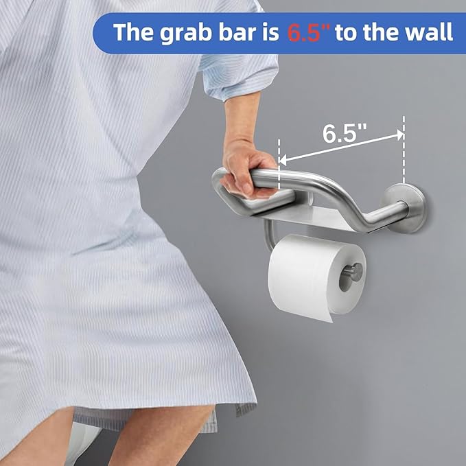Grab Bar Toilet Paper Holder, 3-in-1 Bathroom Grab Bar with Toilet Holder and Phone Shelf, 304 Stainless Steel Safety Toilet Paper Grab Bar, Wall Mount Toilet Paper Holder for Seniors