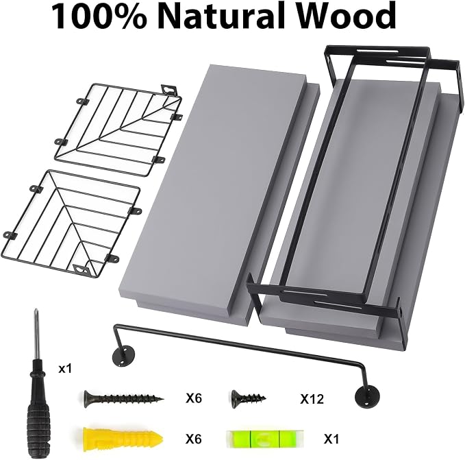 Fixwal Wall Mounted Bathroom Shelves Over Toilet, Rustic Wood Floating Shelves with Metal Frame and Towel Bar for Bathroom, Kitchen, Bedroom, Living Room (3 Plus 1 Gray)