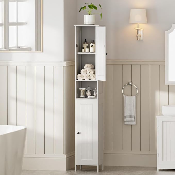 Homleke Tall Bathroom Storage Cabinet with 2 Doors, 67"H Narrow Storage Cabinet with Adjustable Shelves& Anti-Tip Design, Reversible Door Installation, Easy Assembly, 11.8 x 11.8 x 66.9 Inches, White