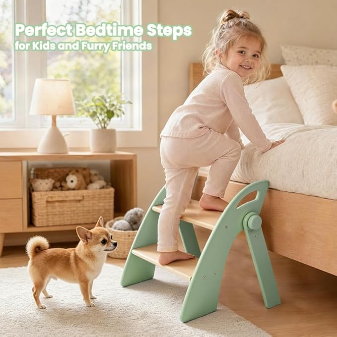 Wooden 2 Step Stool for Toddlers, Foldable 2-Step with Non-Slip Pads and Handles, Bamboo Step Stool for Kids Bathroom Sink and Potty Training, Kitchen Helper, Nursery Bedroom (Green)