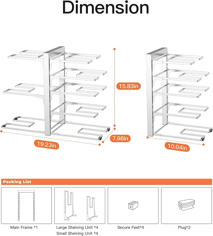 ORDORA Pots and Pans Organizer Rack for Cabinet, 15.83" Height 8-Tier Heavy Duty 120LBS Pot Pan Organizer under Cabinet Adjustable for Cast-iron Pan, Heavy Skillets Griddles, Shallow Pot, Silver